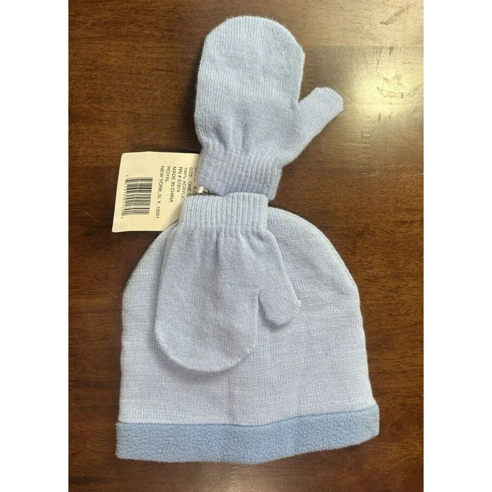 Winter Warm up ! unisex toddler size 2 to 4 blue beanie hat & gloves set